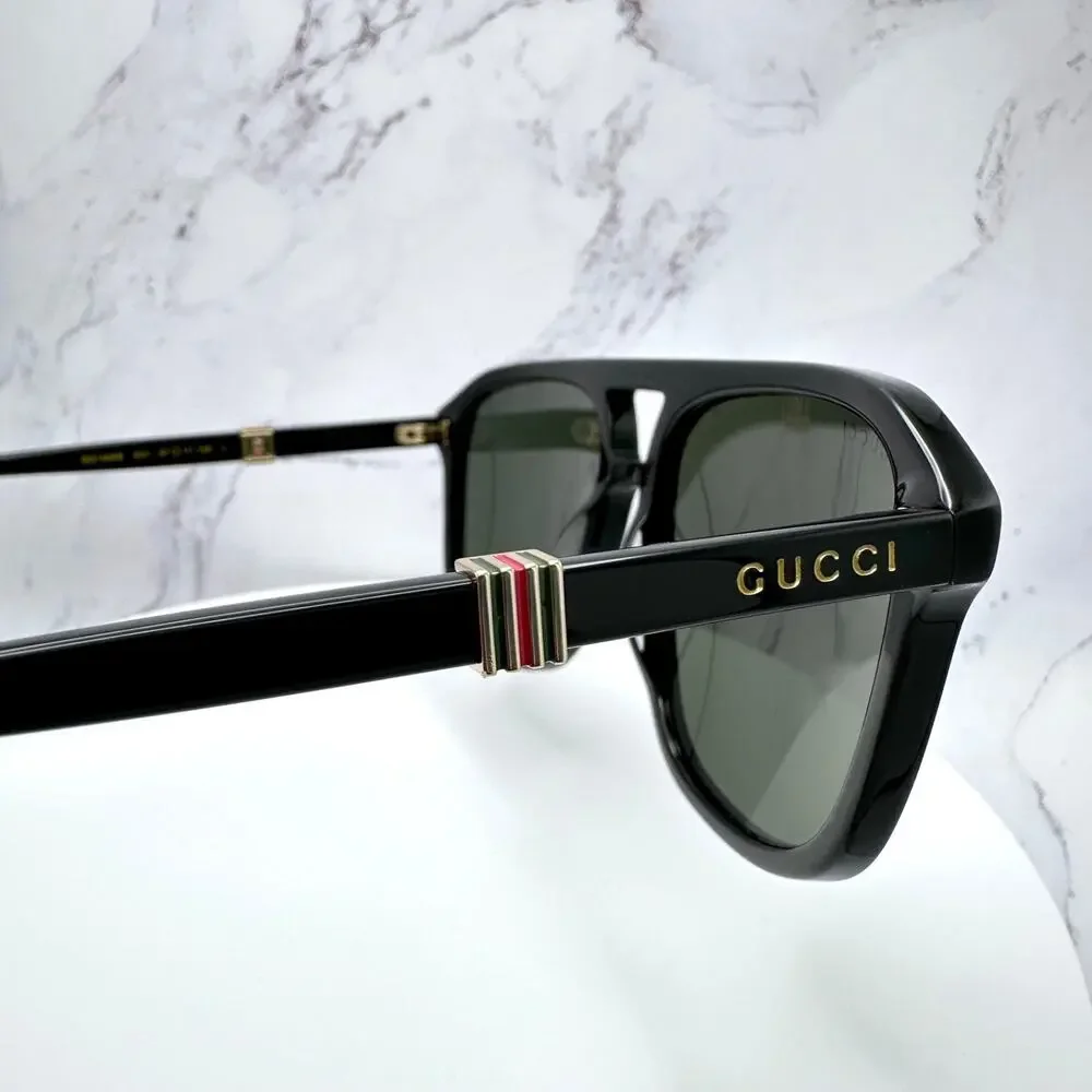 New GUCCI Sunglasses Black Aviator Pilot Gold Logo Metal Red Green Web Gucci